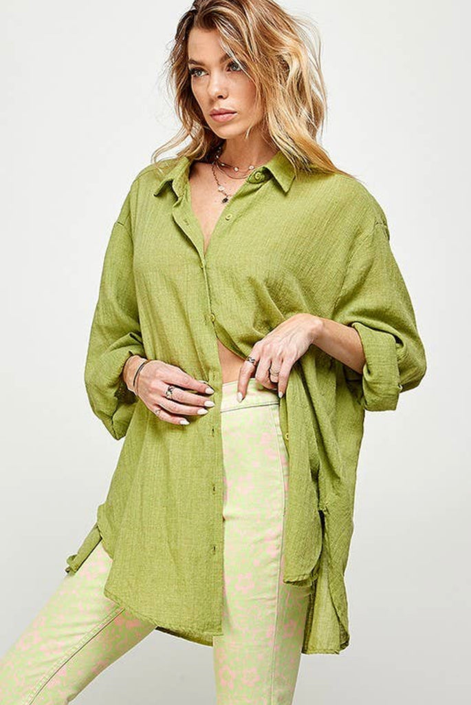 Soft Washed Button Down Top | Green