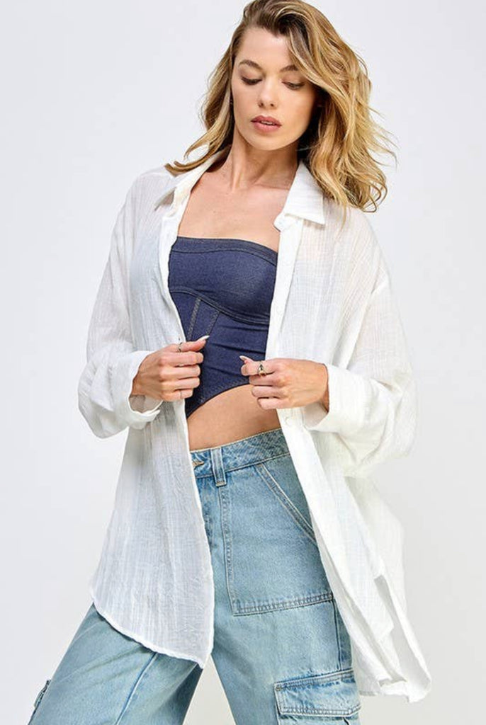 Soft Washed Button Down Top | White