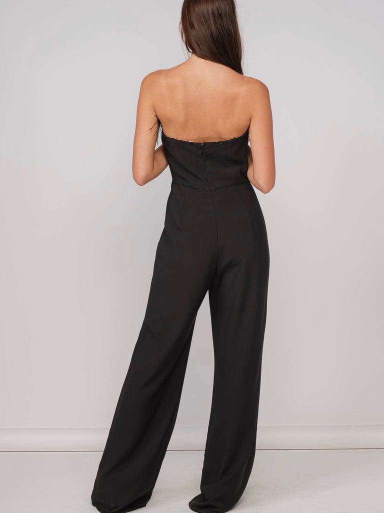 strapless black jumpsuit holiday outfit