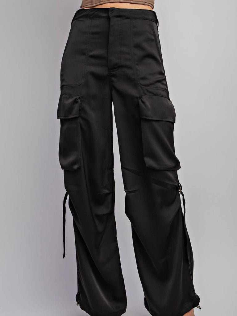 Satin Cargo Pants with Drawstring Hem | Black