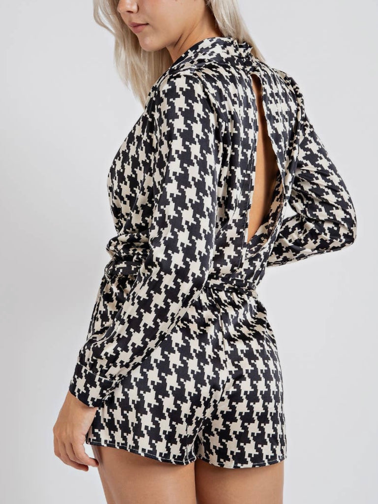 houndstooth open back romper holiday style