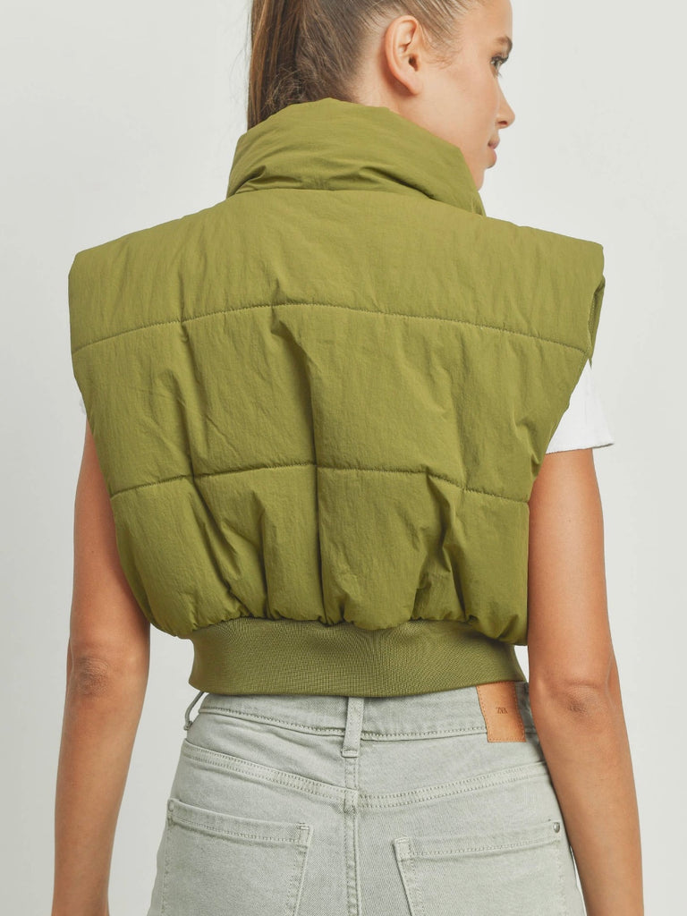 Olive puffer vest cropped womens 