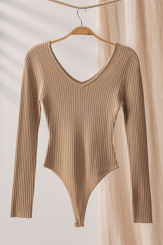 taupe ribbed long sleeve bodysuit