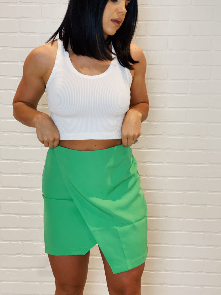 lime green mini skirt with slit