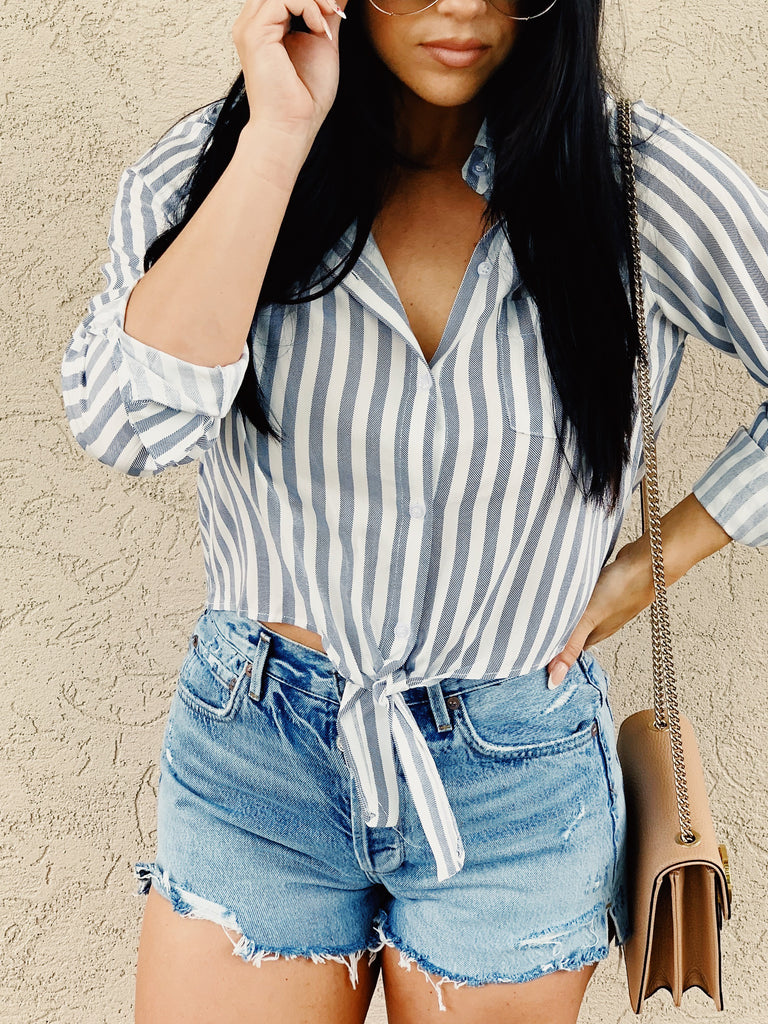 button down striped top with tie