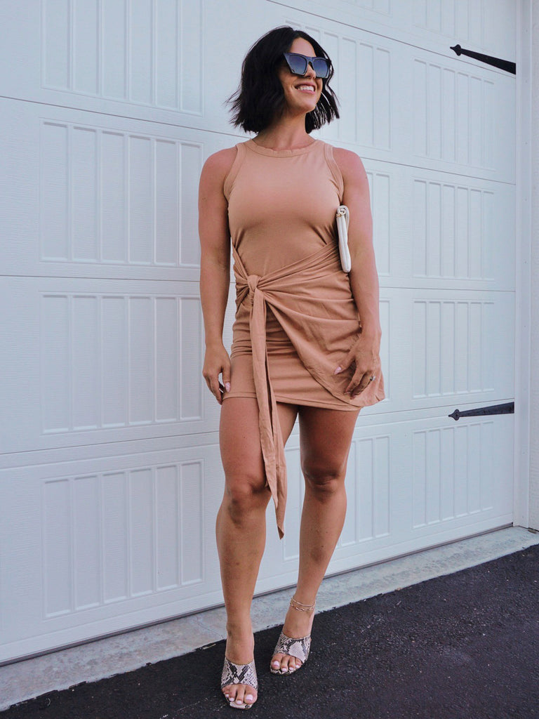 nude stretch mini dress with tie front