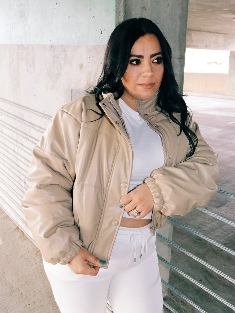 nude leather puffer jacket