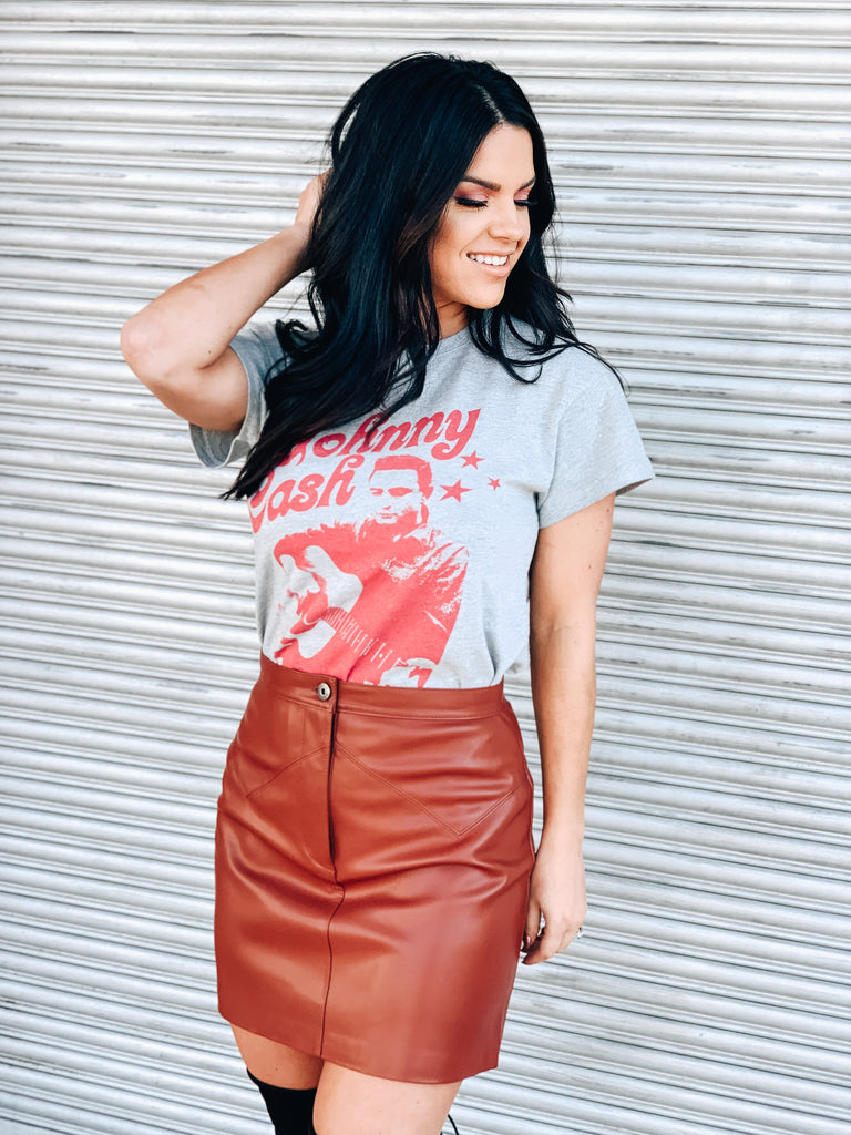 leather mini skirt outfit with band tee