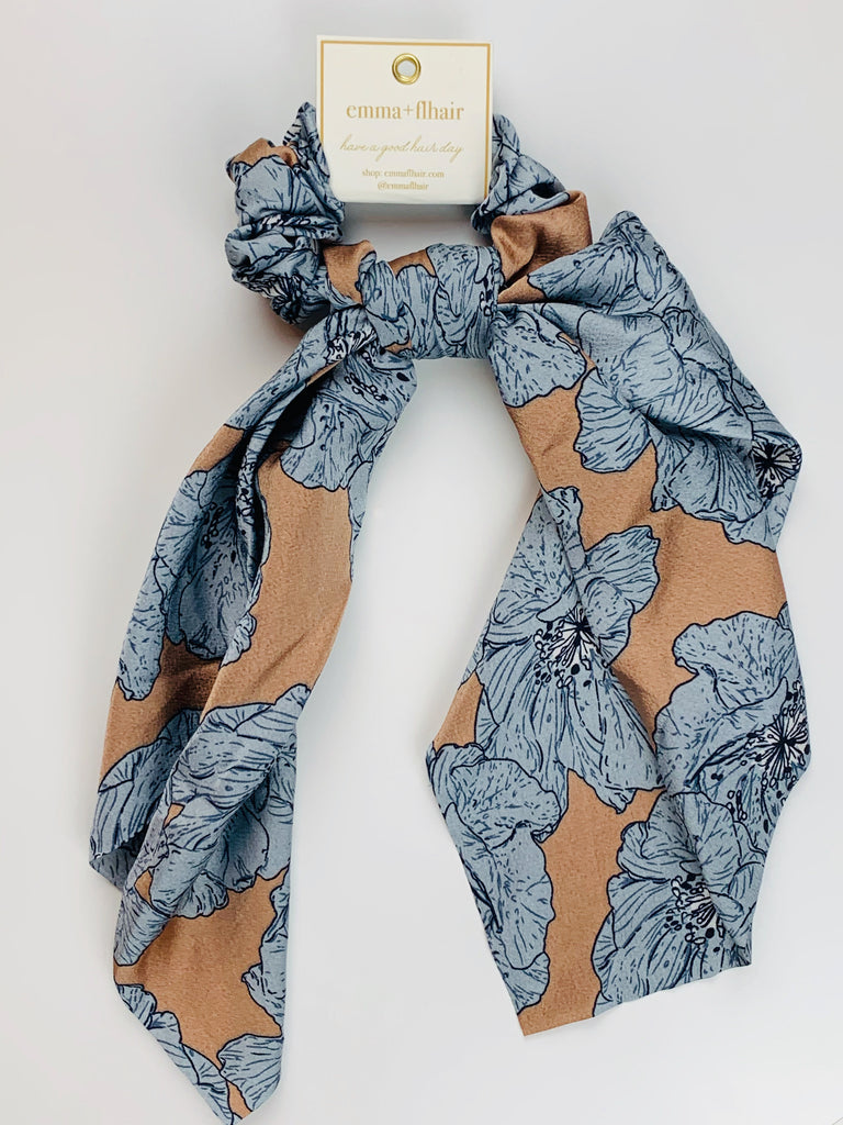 Flhair Tan and Blue Floral Scrunchie Scarf