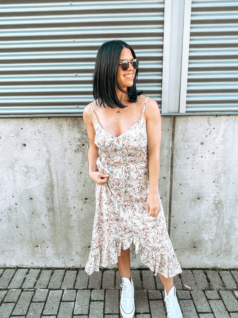 floral midi dress with thin straps and ruffle 