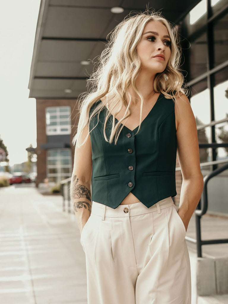 fitted green button down vest 