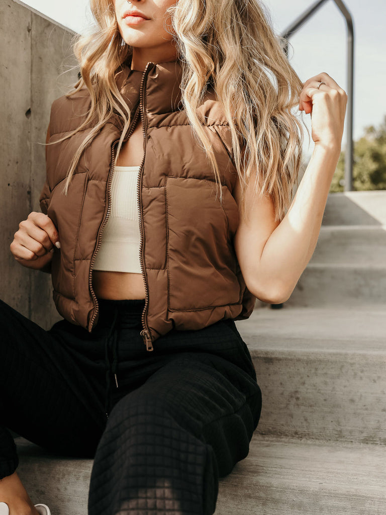 brown cropped puffer vest fall outfit